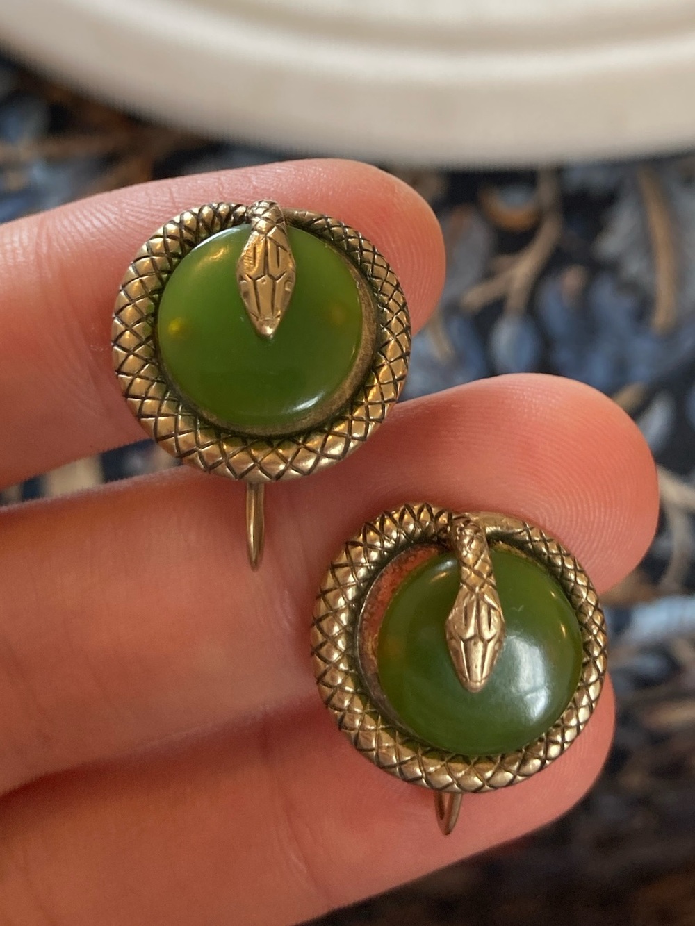 Antique Art Deco Snake Coiled Faux Jade Screwback Earrings